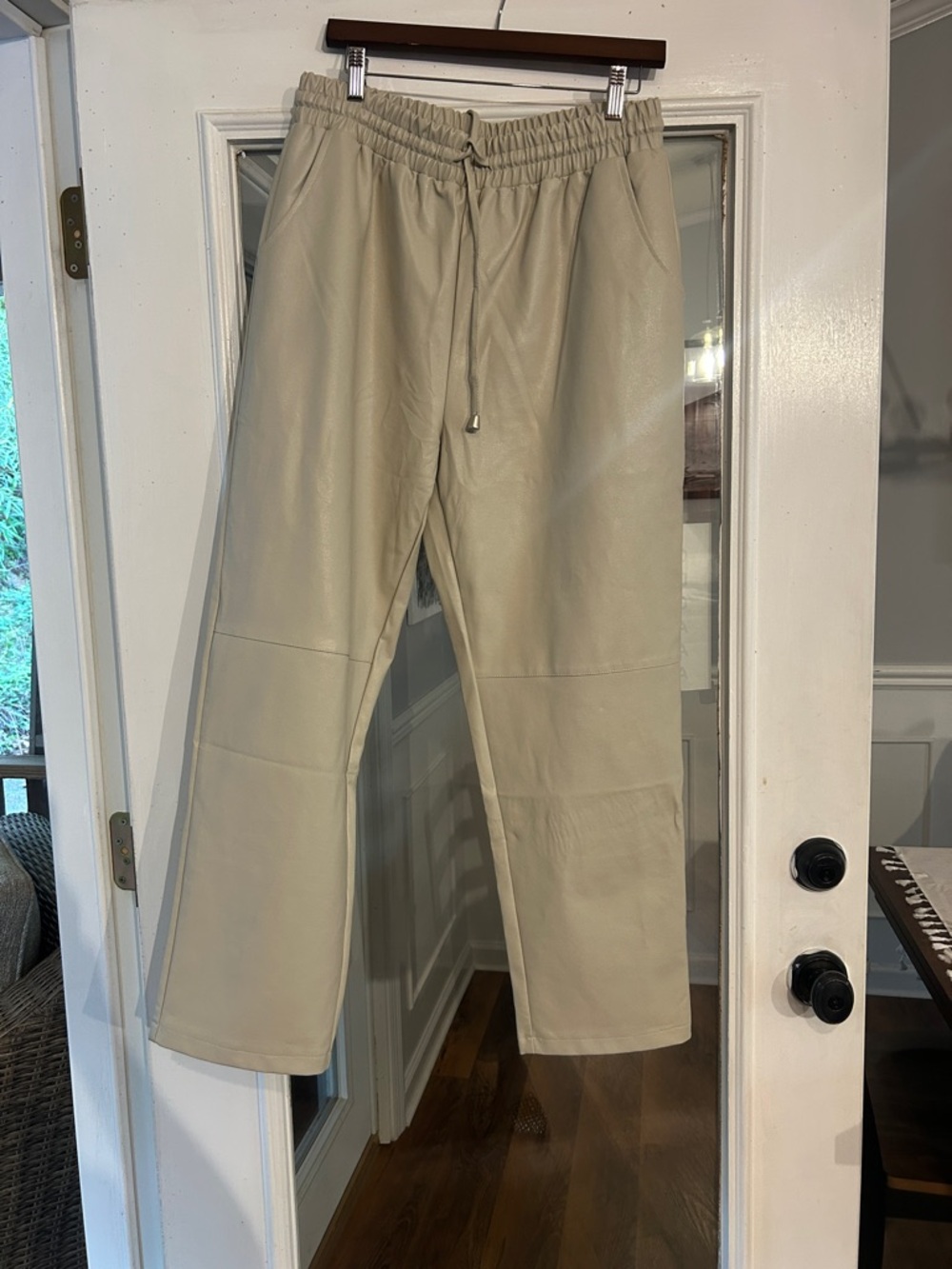 Womens Drawstring Faux Leather Pants - Cream